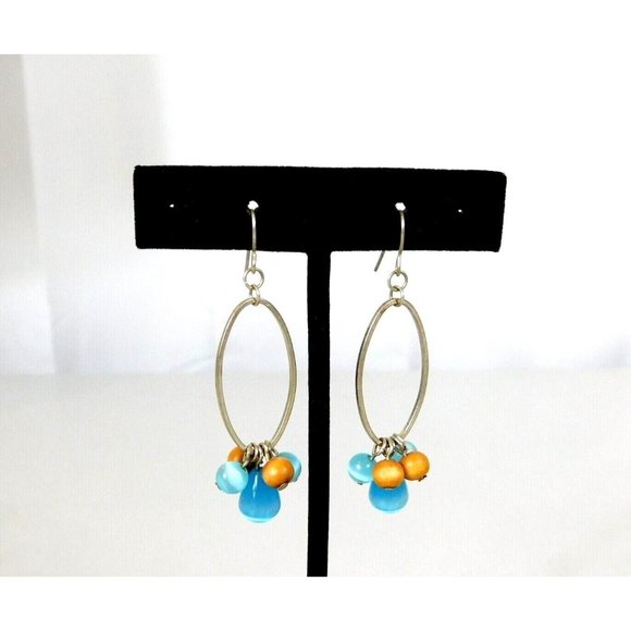 Oval Hoop Beaded Earrings Blue Brown Beads Fishhook Closure - Picture 1 of 7